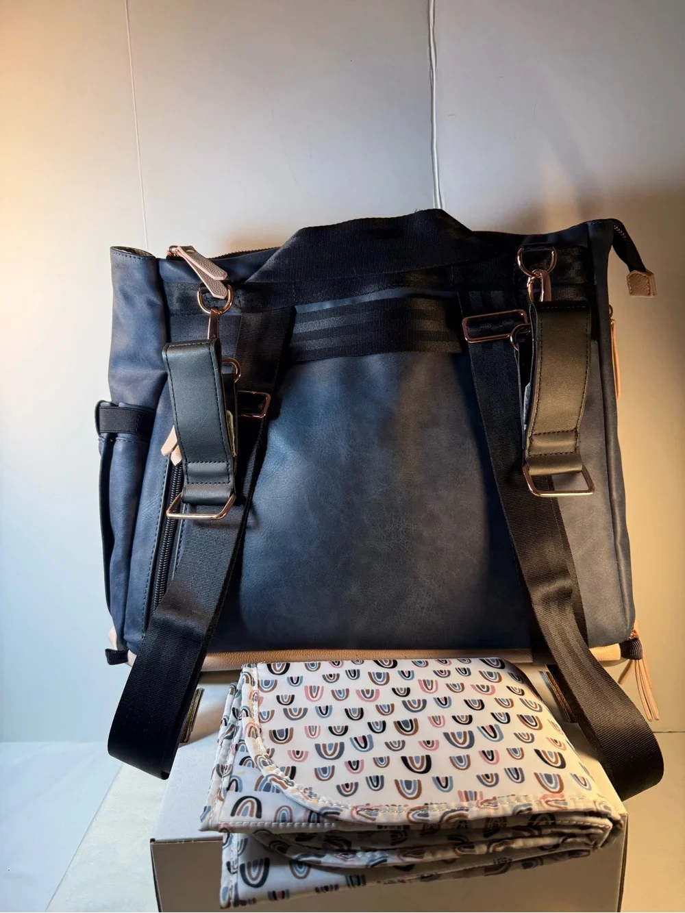Petunia Pickle Bottom Navy Blue Messenger Bag with Tan Accents